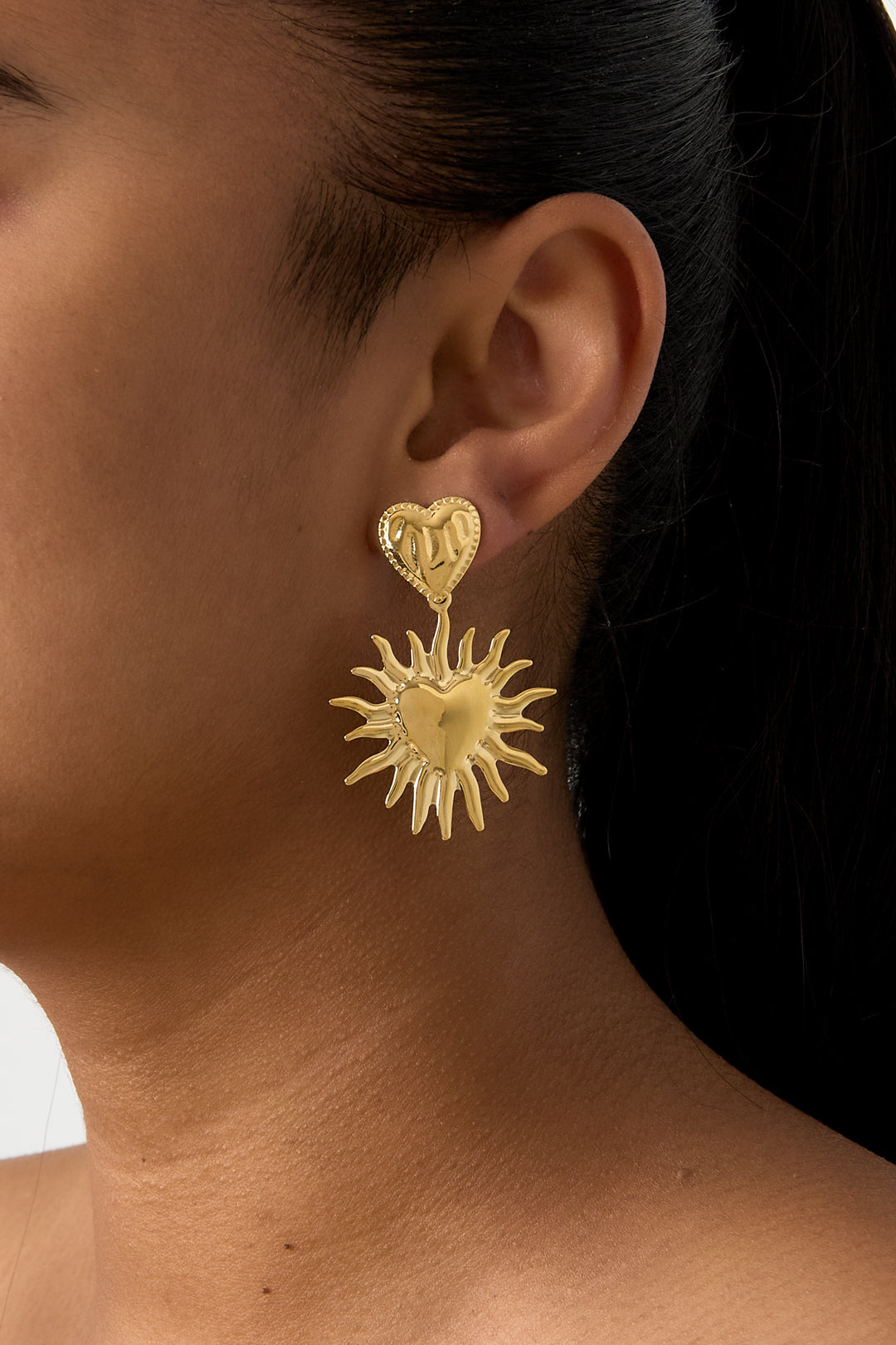 Heart earrings with hanging sun